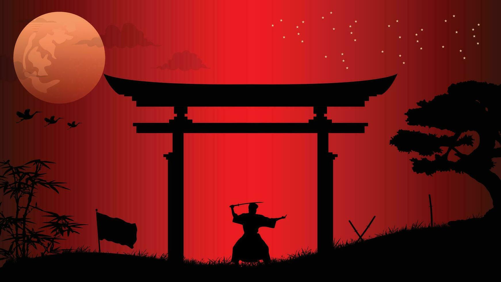 illustrazione vettore grafico di ninja, assassino, samurai formazione a notte su un' pieno Luna. Perfetto per sfondo, manifesto, eccetera.