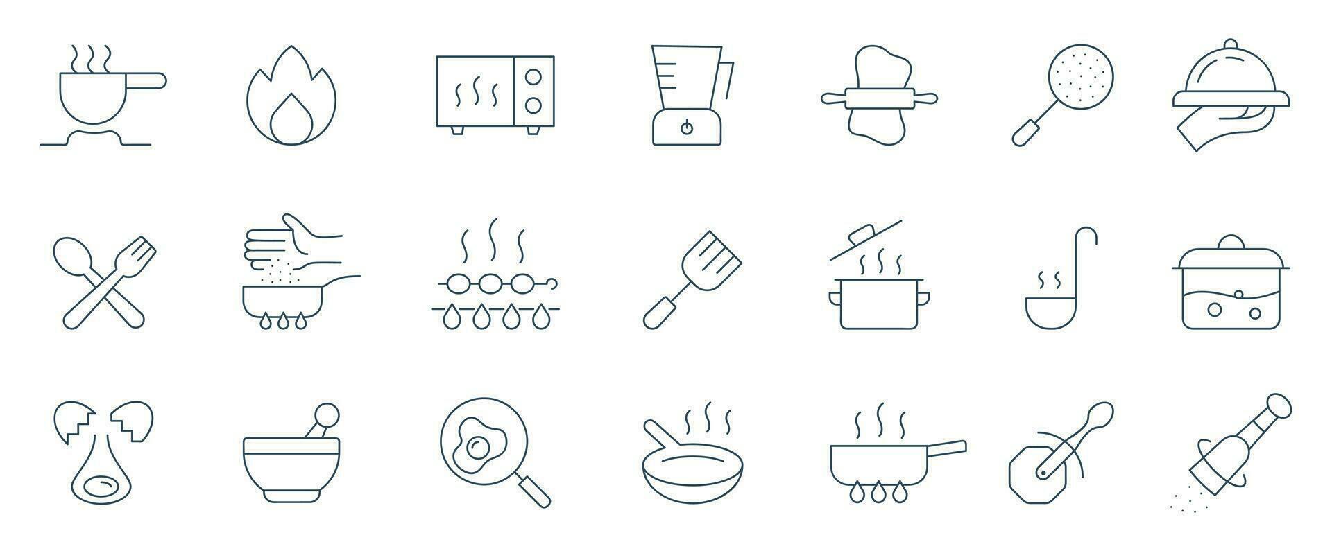 cucinando linea icona impostare. cucina utensili bollente, frittura, padella, pentola, cucchiaio, cibo e cena icone vettore illustrazione