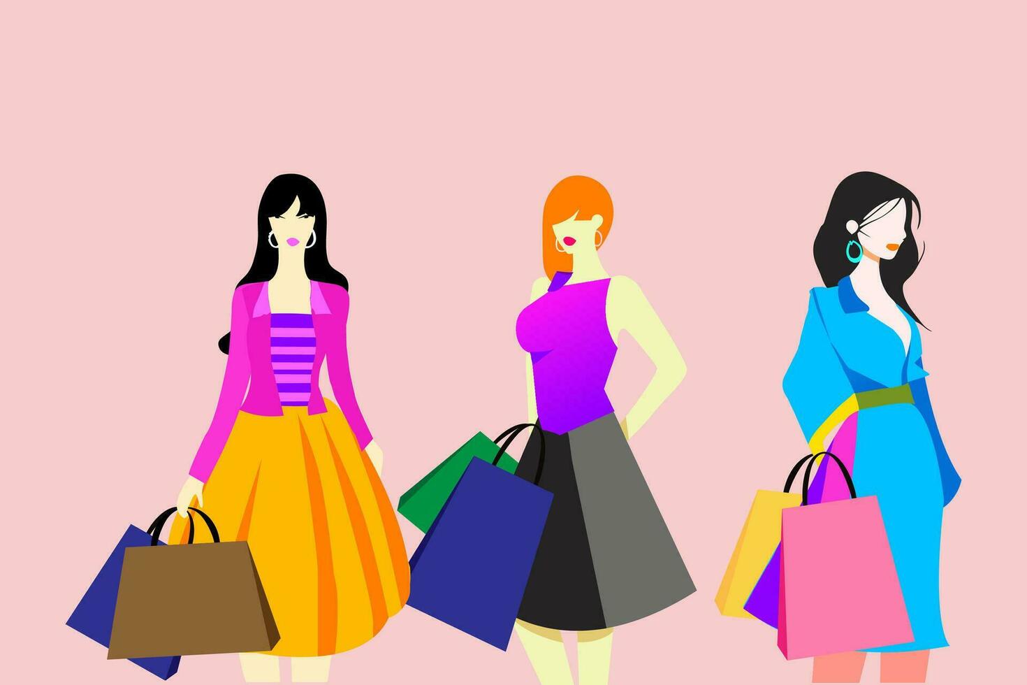 shopping ragazze vettore illustrazione con rosa sfondo