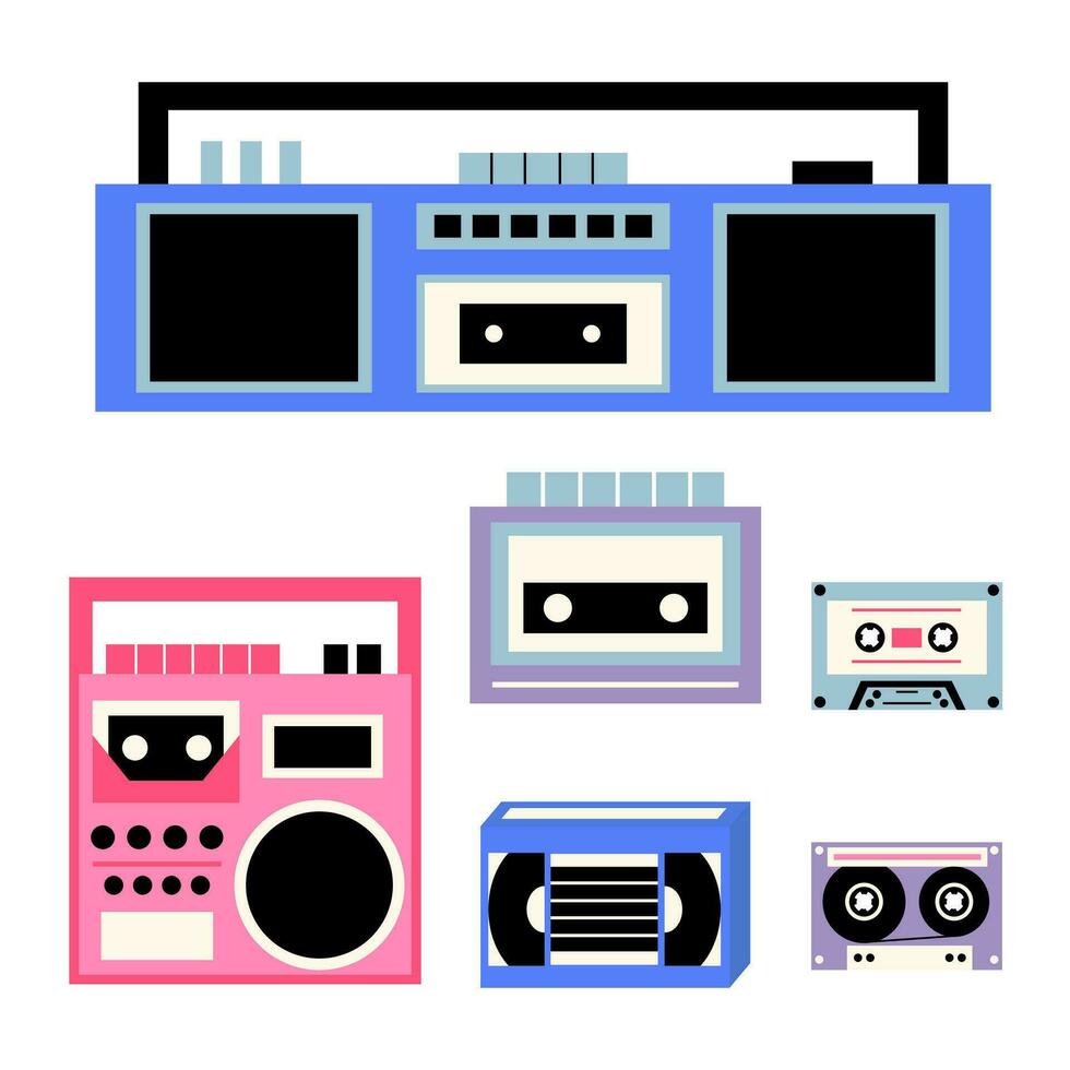 vettore classico anni 80 e anni 90 musica gadget impostare. piatto stile retrò elementi anni 90 e anni 80. vettore boombox, nastro registratore, disco giocatore, Audio cassetta, vhs cassetta