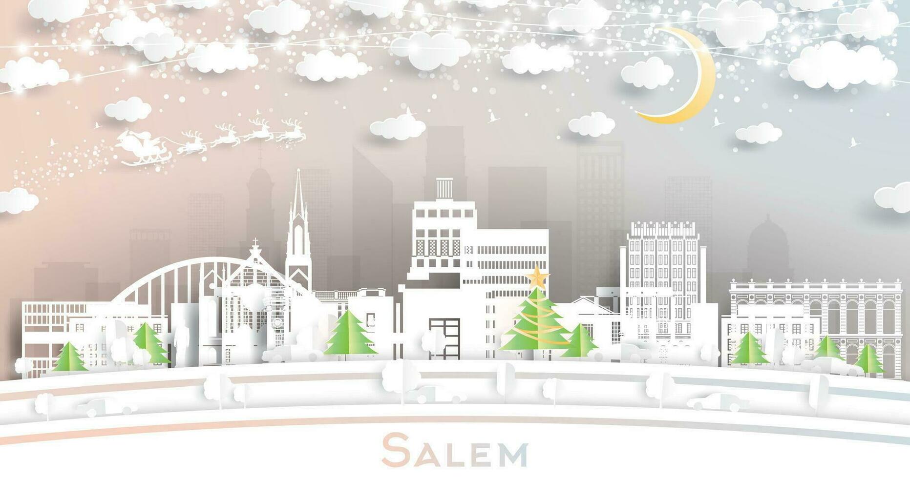 Salem Oregon Stati Uniti d'America. inverno città orizzonte nel carta tagliare stile con fiocchi di neve, Luna e neon ghirlanda. Natale e nuovo anno concetto. Salem paesaggio urbano con punti di riferimento. vettore