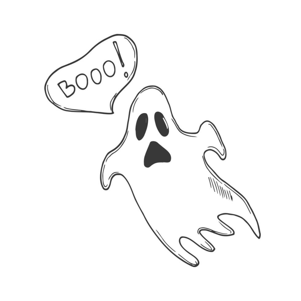 illustrazione vettoriale in stile doodle. piccolo fantasma. semplice disegno sul tema di halloween, un simpatico fantasma. isolato su sfondo bianco, design per le vacanze, per i bambini