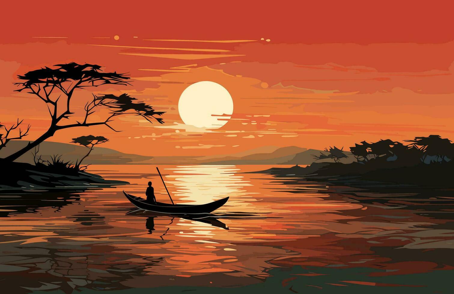 mano disegnato piatto design tramonto con un' barca su il mare vettore