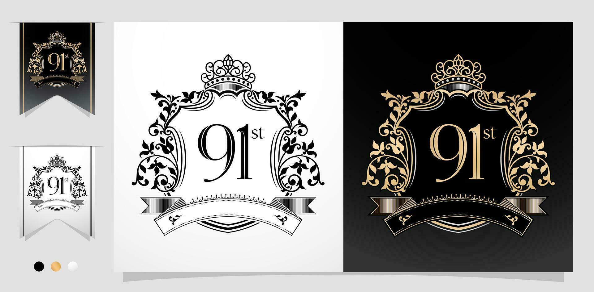 illustrazione di 91° anniversario simbolo con reale corona design emblemi, Due variazione oro e monocromatico design isolato nero e bianca sfondi. applicabile per saluto carte, invito eccetera. vettore