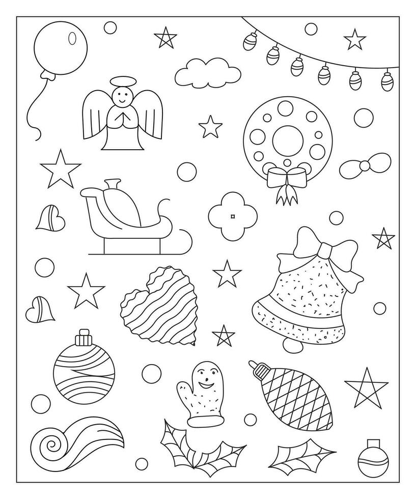 colorazione pagina di un' decorato Natale albero, shanta claus, sfera, campana, pupazzo di neve e i regali. vettore nero e bianca illustrazione su bianca sfondo.