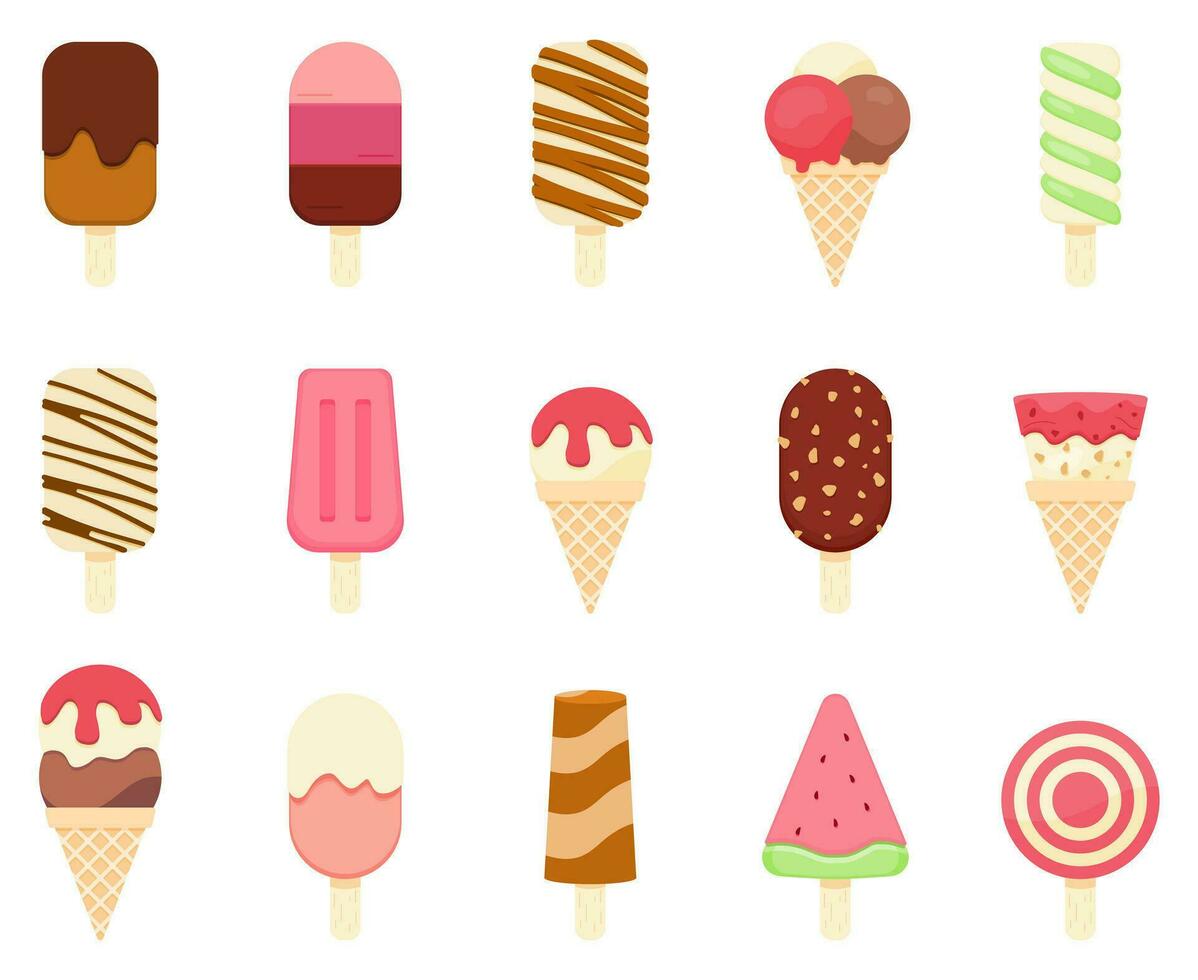 ghiaccio crema, colorato ghiaccio crema coni e ghiaccioli, estate dolci collezione, congelato dolce, diverso tipi di ghiaccio crema, icona menù. vettore illustrazione