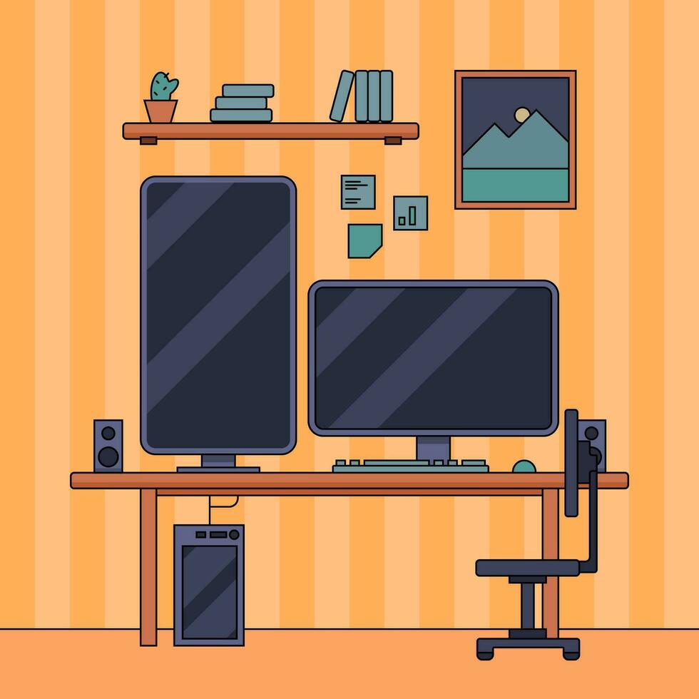spazio di lavoro, opera a casa, in linea casa lavoro, ufficio con computer, moderno interno, del desktop computer tenere sotto controllo, piatto vettore illustrazione