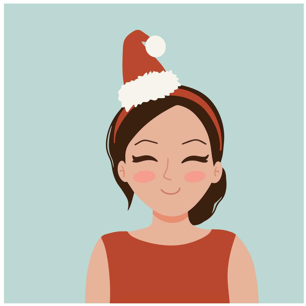 bella ragazza celebrazione Natale inverno con Santa cappello e rosso vestito vettore