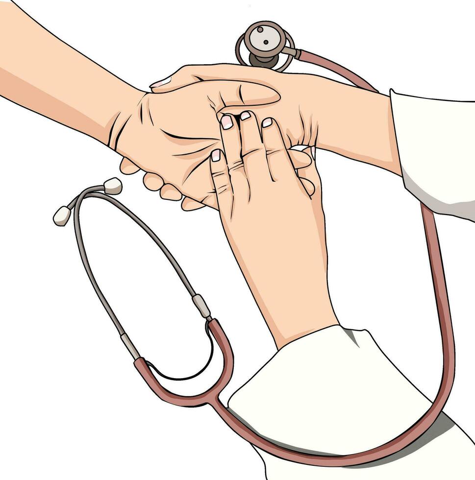 un' medico Tenere un' mano con un' stetoscopio vettore