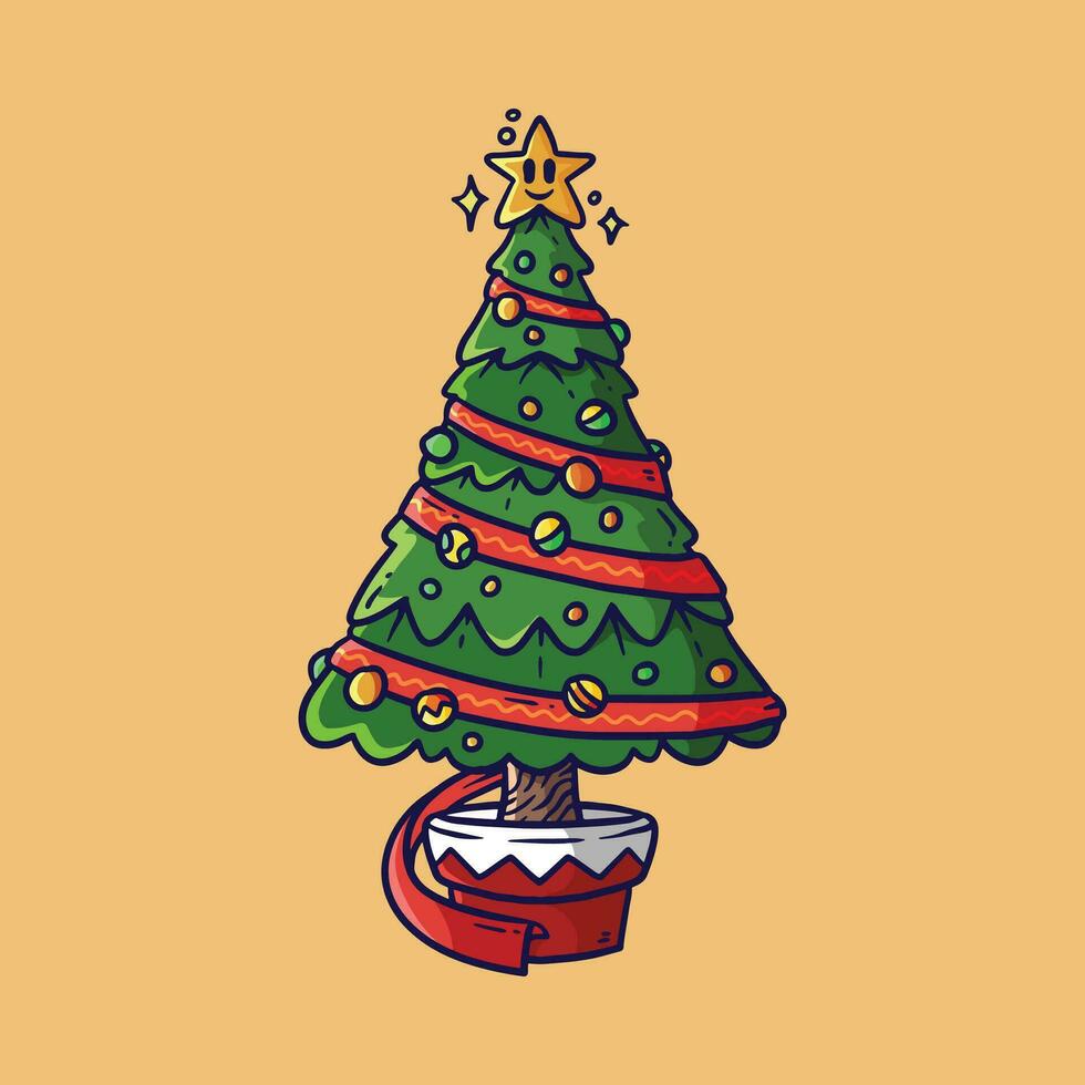 decorato Natale albero con stella, luci, decorazione palle e lampade cartone animato vettore illustrazione. allegro Natale e un' contento nuovo anno. cartone animato stile vettore illustrazione.