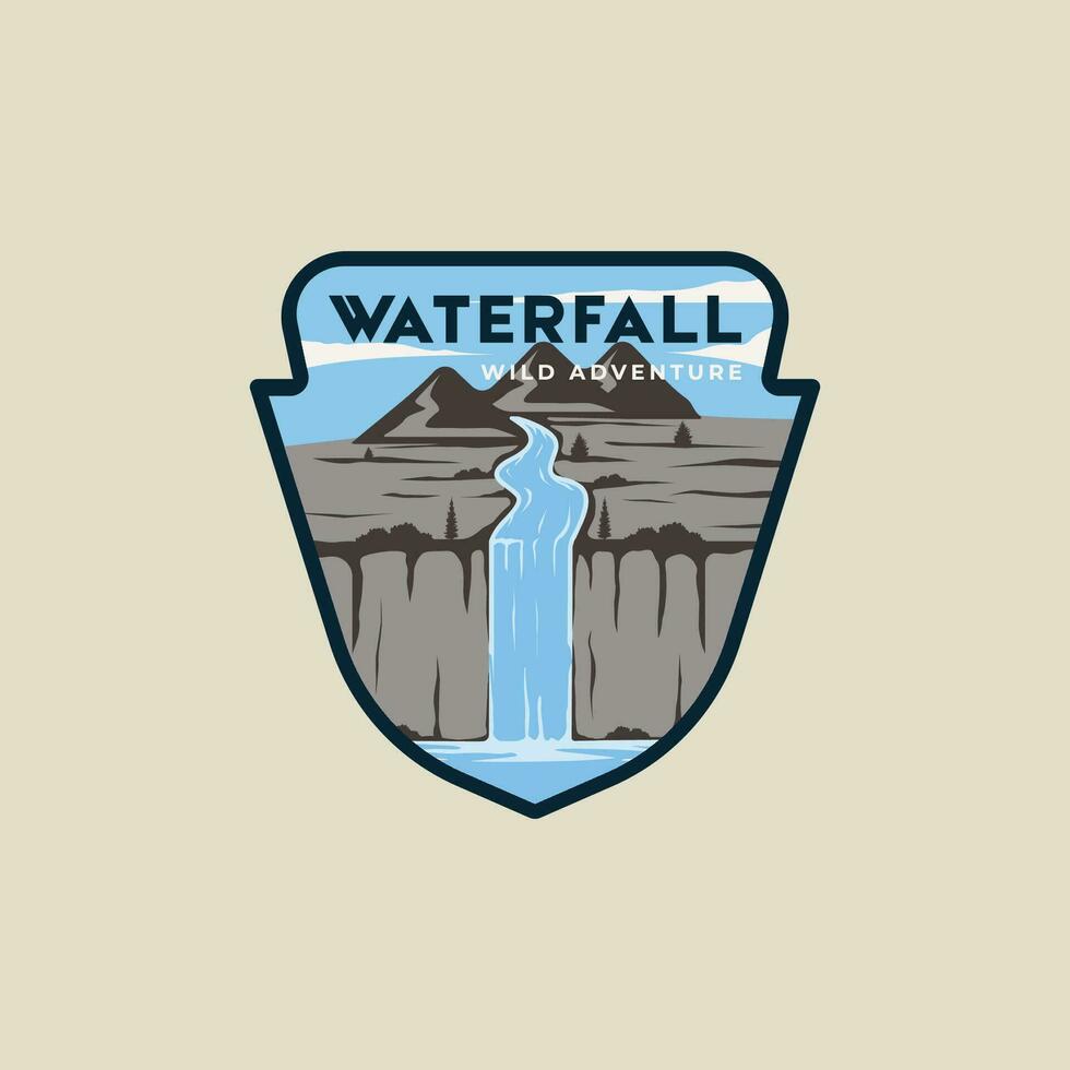 cascata a montagne emblema vettore illustrazione modello grafico design. bellissimo paesaggistico bandiera e cartello distintivo etichetta per viaggio e turismo attività commerciale concetto