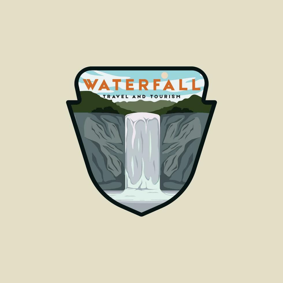 cascata vettore emblema illustrazione modello grafico design. Esplorare natura concetto per bandiera e cartello distintivo etichetta decorazione per viaggio e turismo attività commerciale