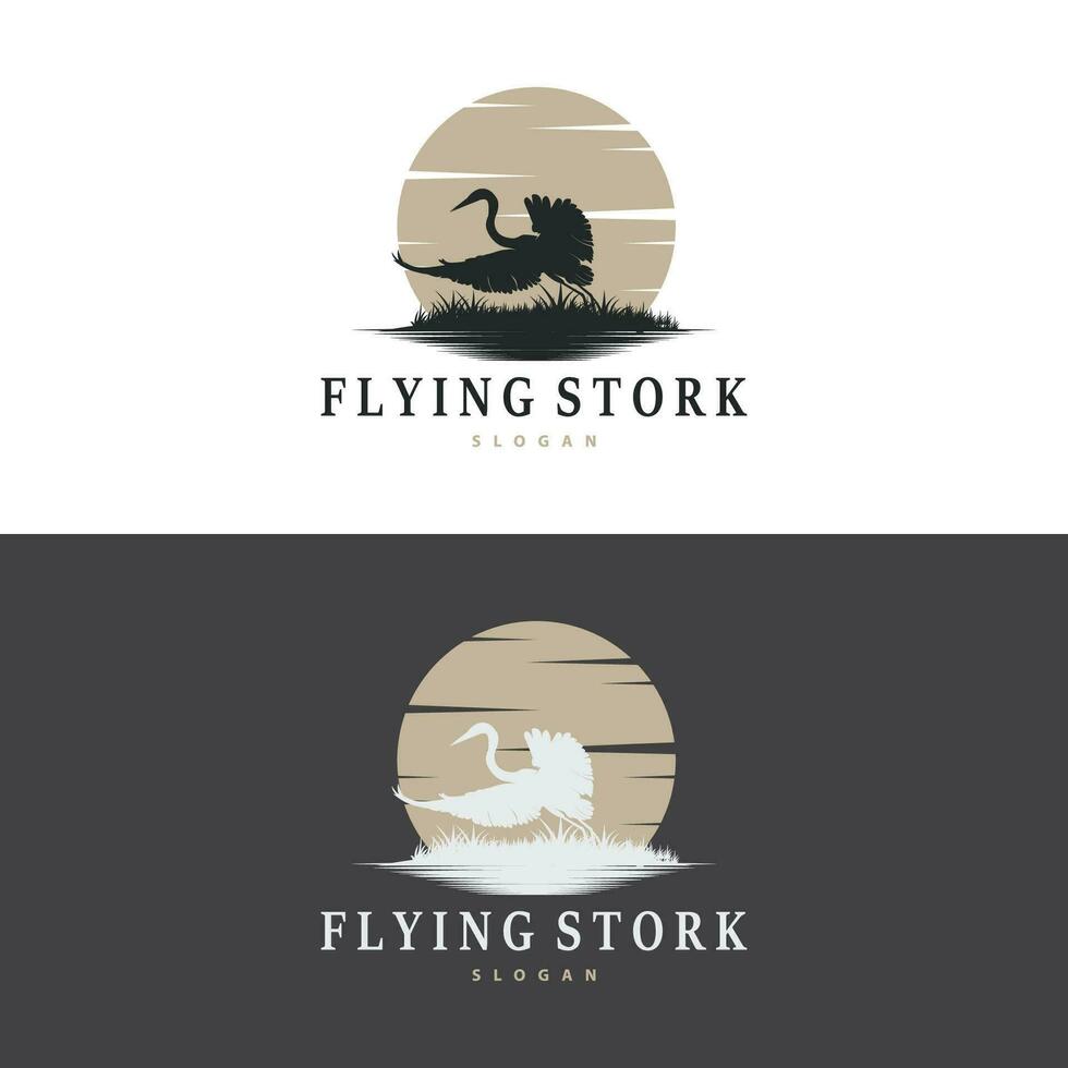 cicogna uccello logo, airone, erba, e fiume disegno, vettore semplice modello illustrazione