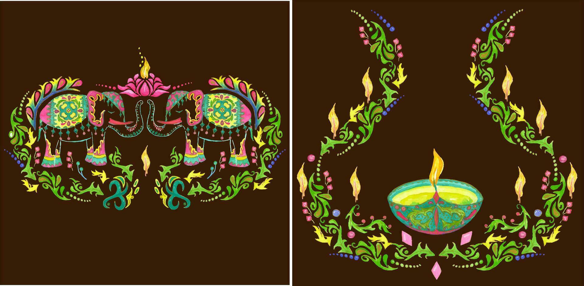 impostato di 2 illustrazioni per diwali. tutti elementi siamo dipinto con acquerelli vettore