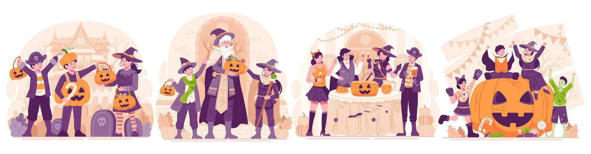 illustrazione impostato di Halloween. contento persone condimento su nel vario Halloween costumi festeggiare Halloween. Halloween festa e trucco o trattare concetto vettore