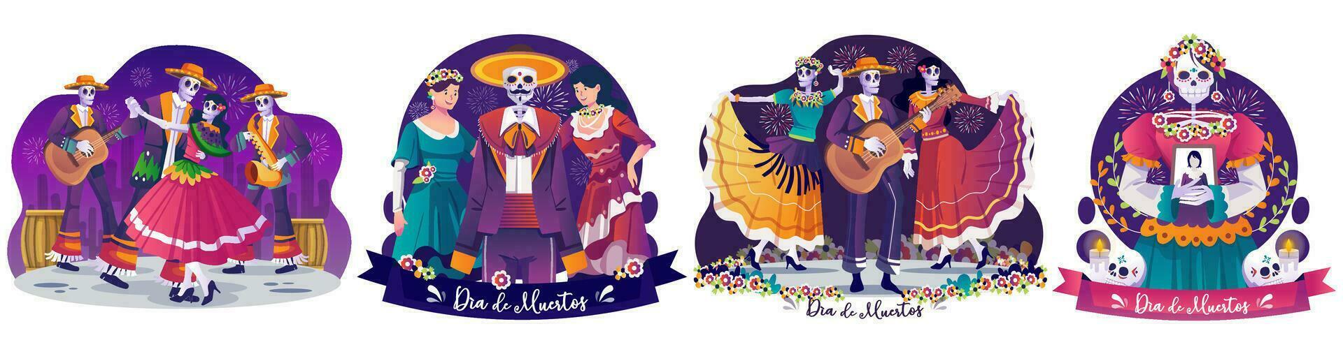 impostato di giorno di morto, dia de los muertos concetto illustrazione con persone nel costumi mariachi musicista scheletro, e catrina Calavera celebra messicano vacanza giorno di morto, dia de los muertos vettore