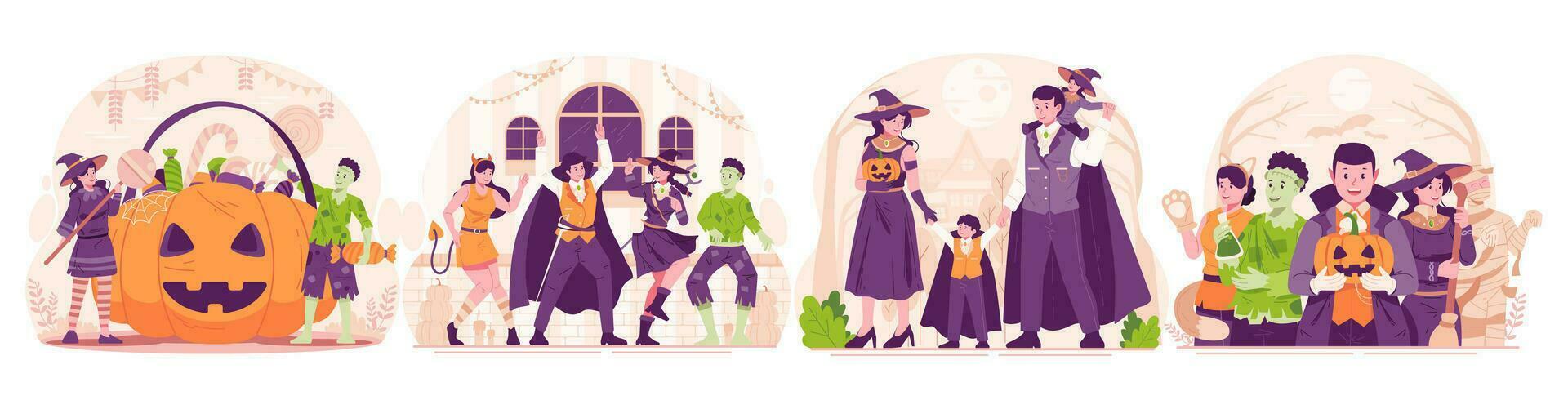 illustrazione impostato di Halloween. contento persone condimento su nel vario Halloween costumi festeggiare Halloween. Halloween festa e trucco o trattare concetto vettore