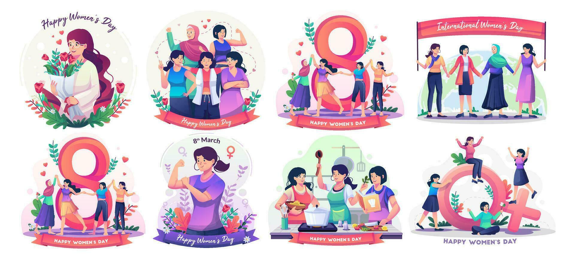 insieme di concetto di giornata internazionale della donna con donne multinazionali diverse celebrano la festa della donna. le donne cucinano in cucina. libertà, indipendenza, uguaglianza. illustrazione vettoriale in stile piatto