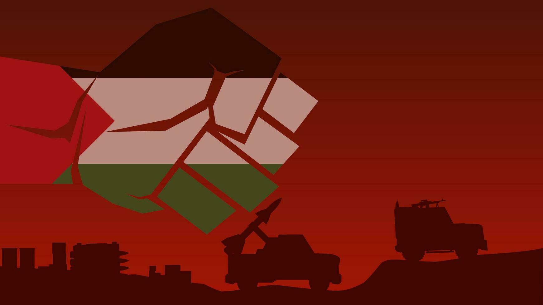 palestinese conflitto vettore illustrazione. militare veicolo stand-by con cazzotto di Palestina bandiera. paesaggio illustrazione di guerra per sociale questioni, notizia, invasione e terrorismo