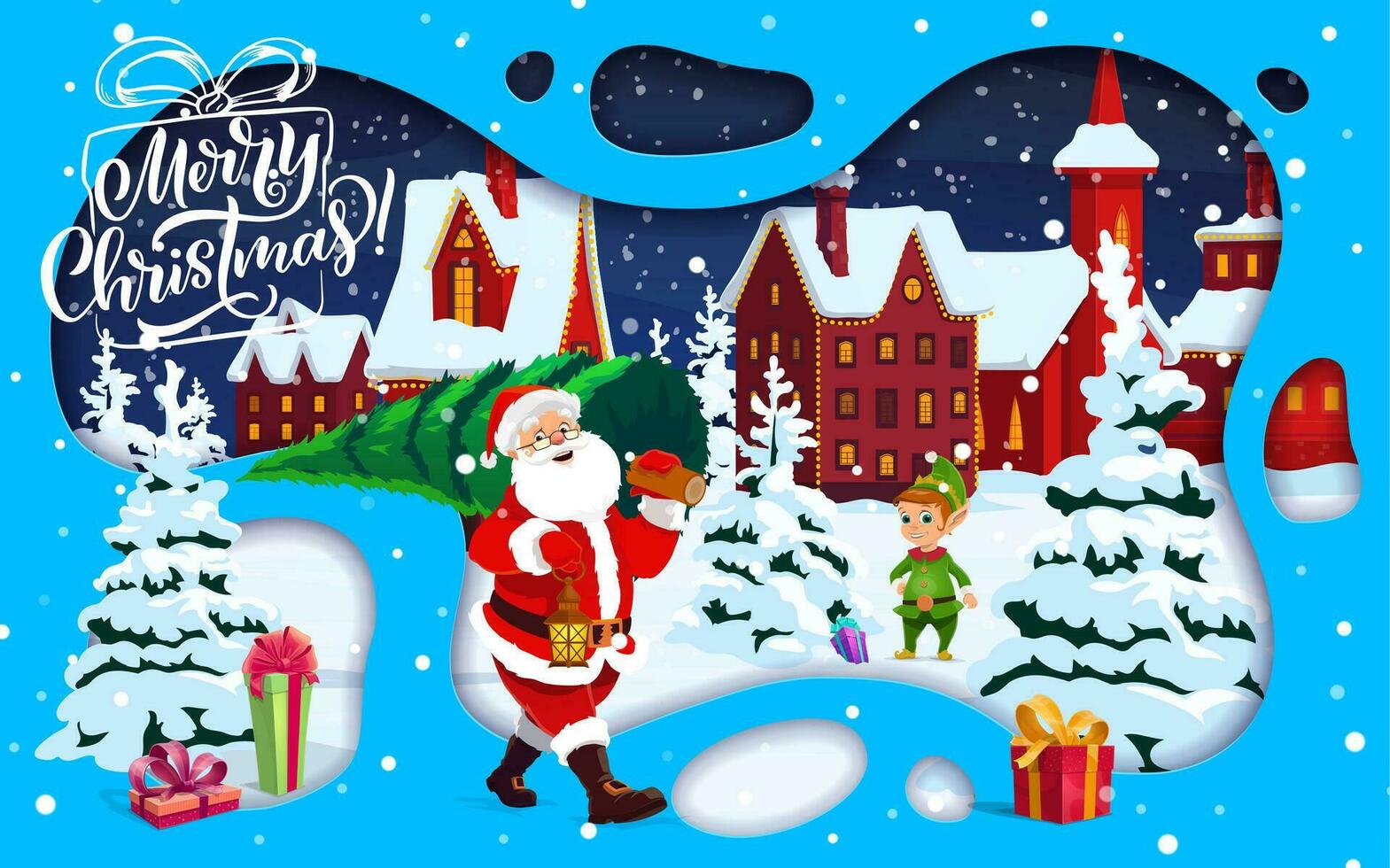 Natale carta tagliare cartone animato Santa con pino albero vettore