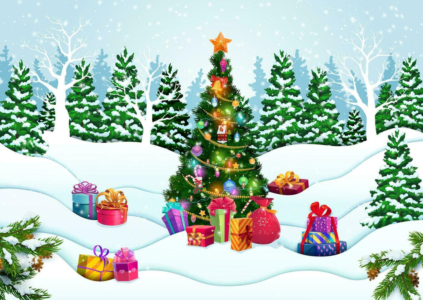 Natale carta tagliare neve onde e decorato albero vettore