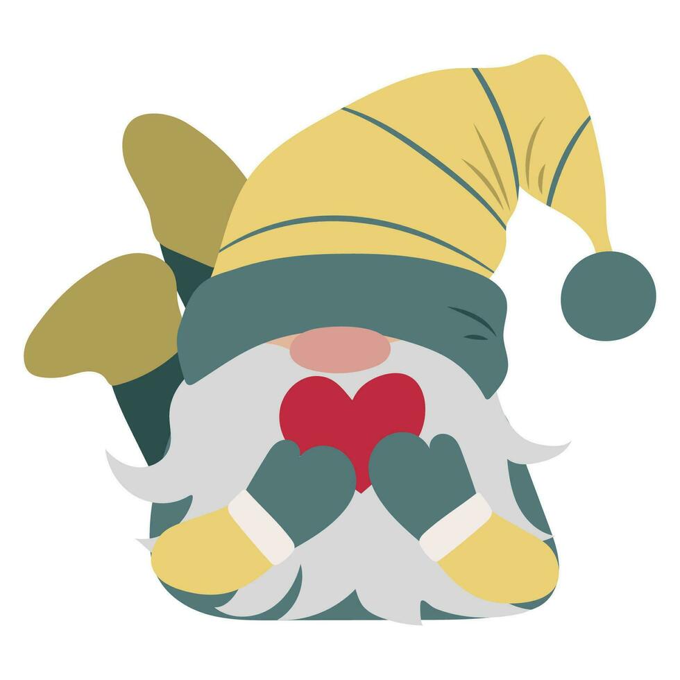 carino gnomo con lungo barba e giallo cappello isolato su bianca. scandinavo cartone animato personaggio con cuore per Natale decorazione. Fata racconto nano. amore vettore