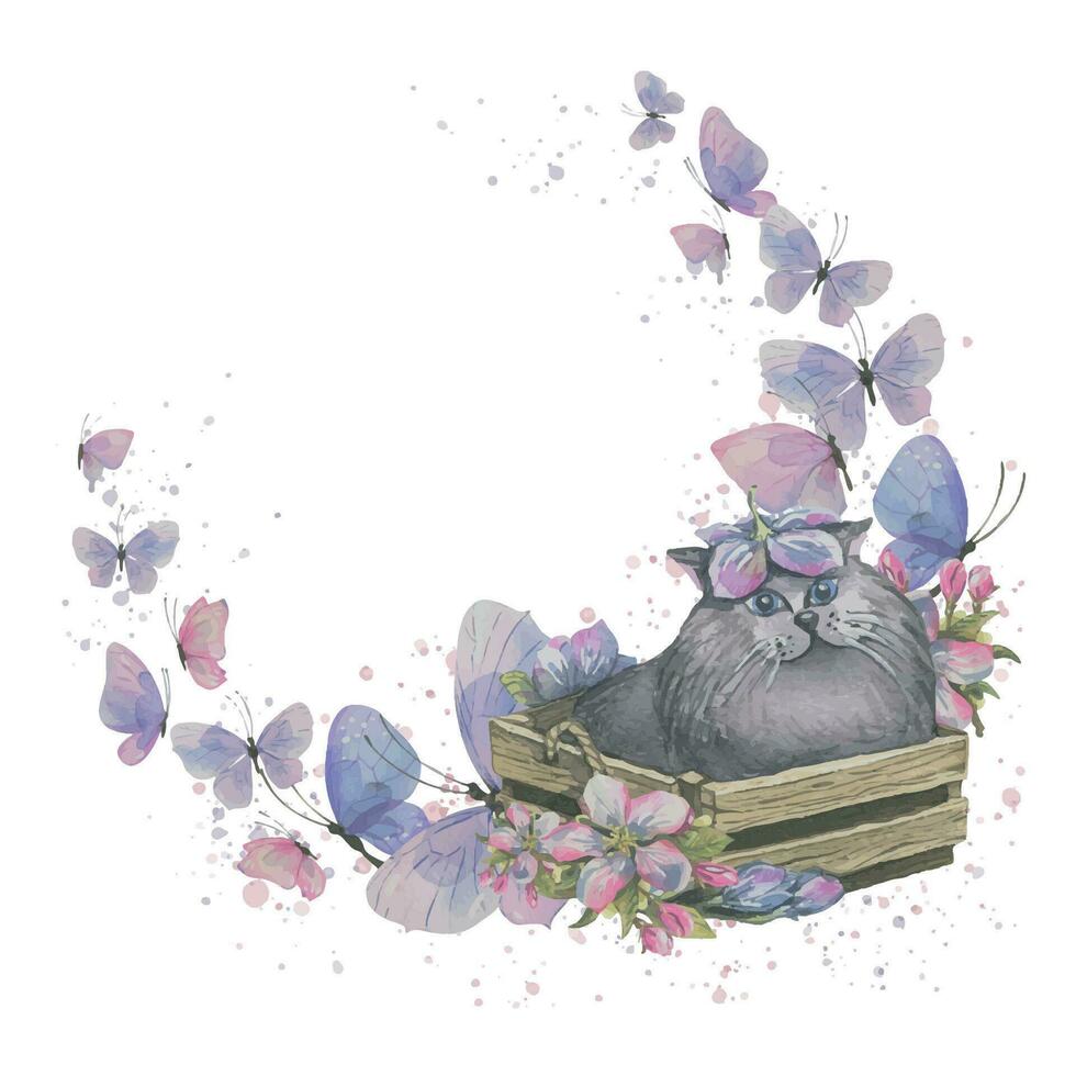 carino grigio gatto con rosa e lilla farfalle, ovale telaio. acquerello illustrazione. per il design e decorazione di cartoline, manifesti, inviti, certificati, loghi, Souvenirs vettore