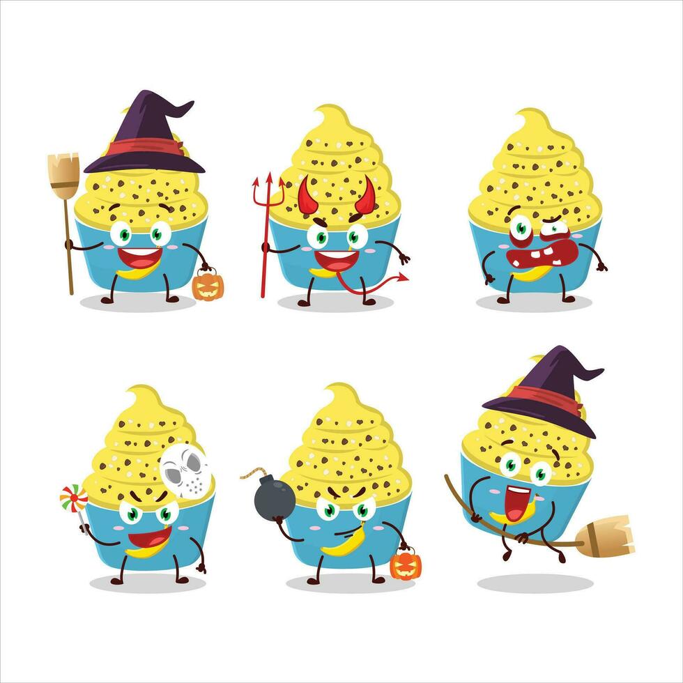 Halloween espressione emoticon con cartone animato personaggio di ghiaccio crema Banana tazza vettore