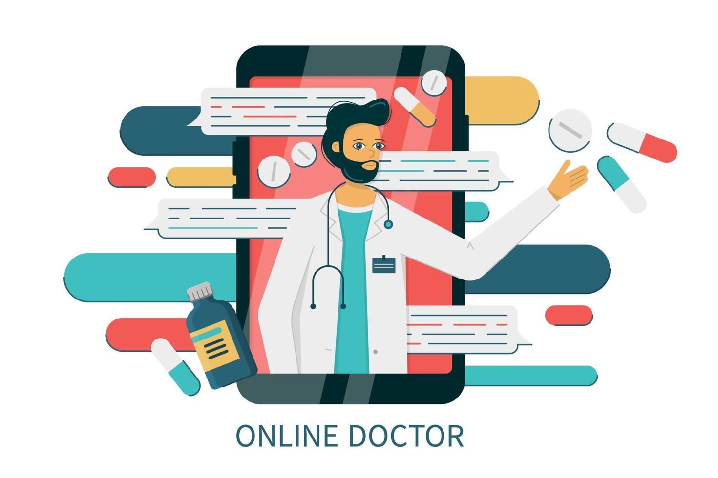 smartphone con chat internet con un medico maschio vettore