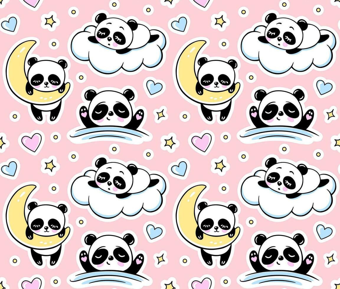 addormentato panda, Luna nuvole stelle senza soluzione di continuità modello su un' rosa sfondo. carino vettore bambino Stampa