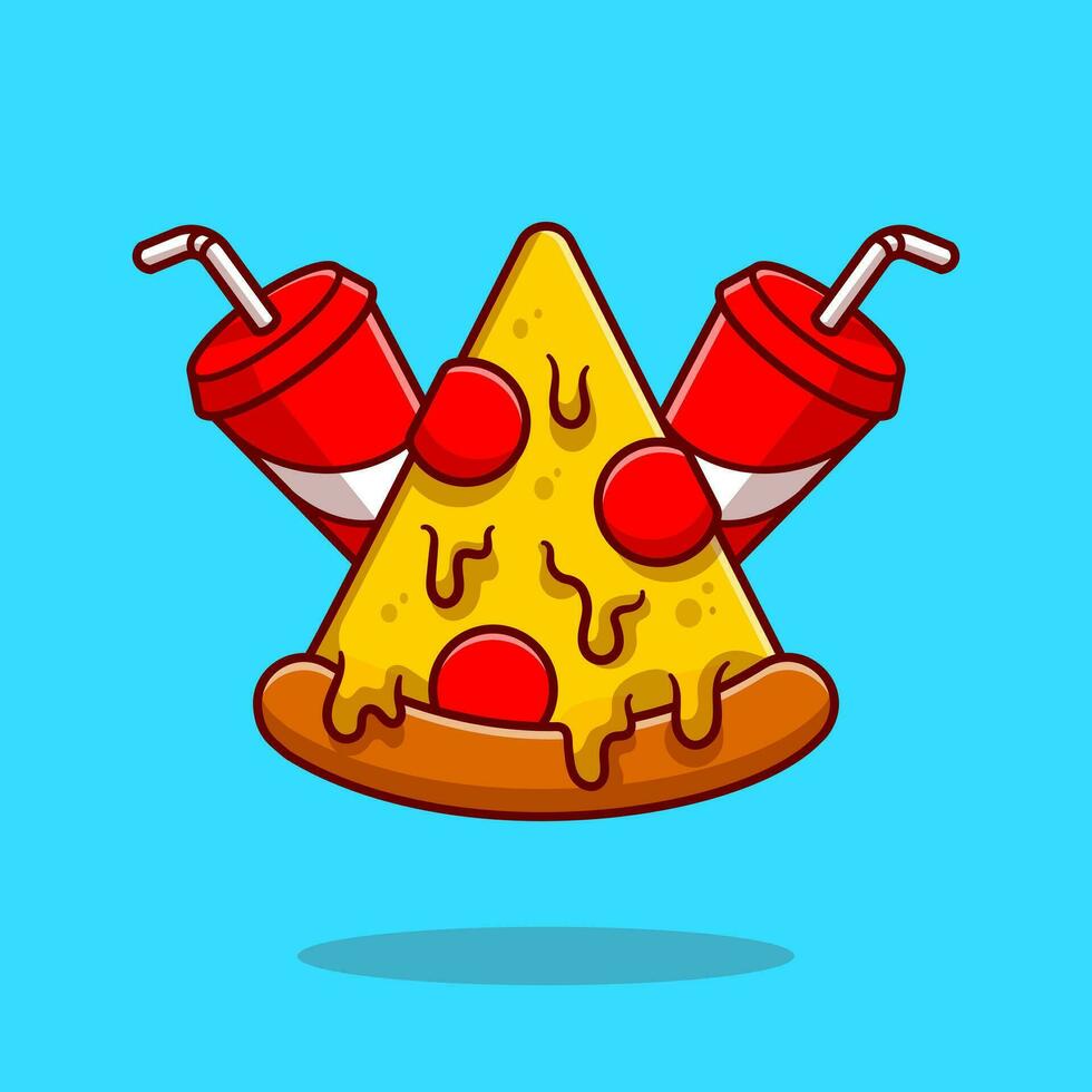 illustrazione dell'icona di vettore del fumetto di pizza e soda. cibo e bevande icona concetto isolato vettore premium. stile cartone animato piatto