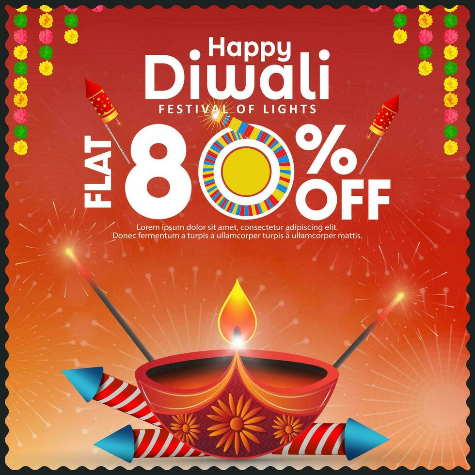 contento Diwali celebrazione vendita bandiera modello design con grande sconti per attirare le persone. indiano Festival di luci con diya e fuochi d'artificio. vettore
