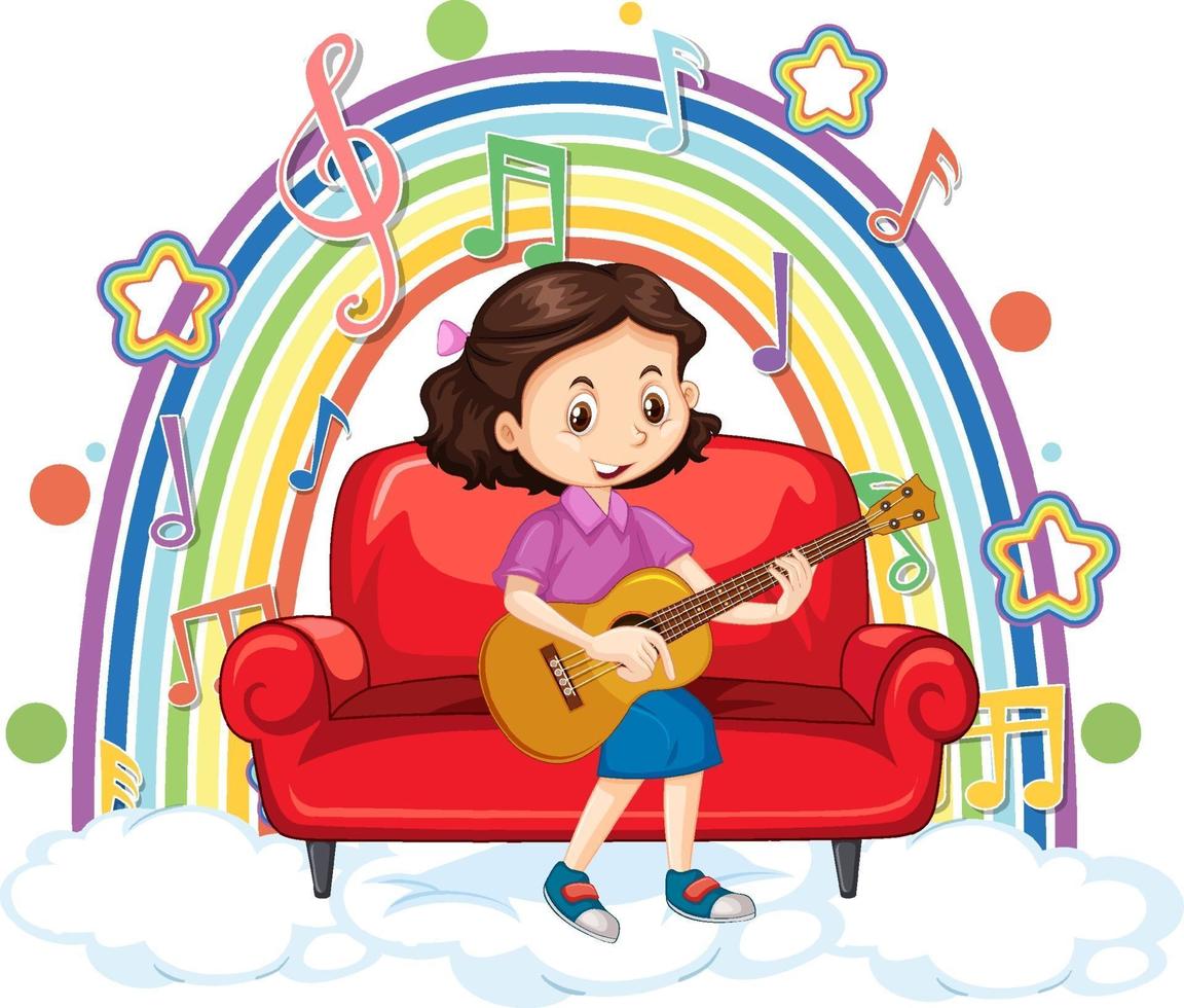ragazza che suona la chitarra sulla nuvola con arcobaleno vettore