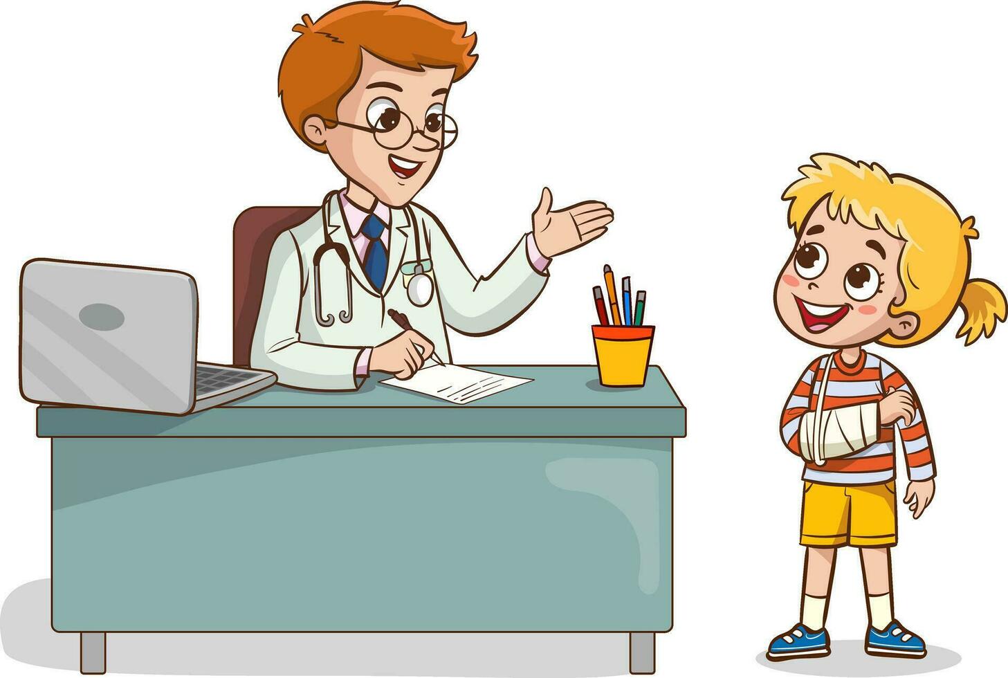 medico e malato bambini parlando vettore illustrazione.bambini con rotto braccio e medico.