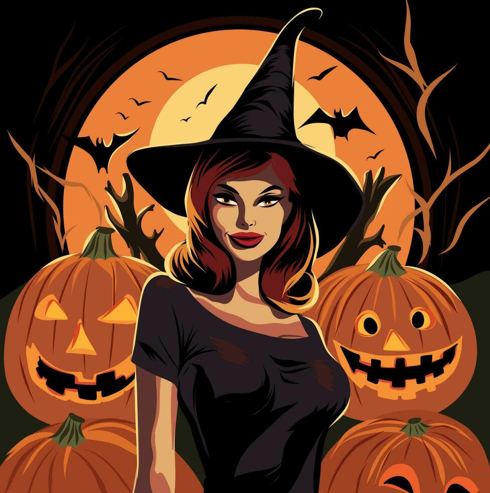 Vintage ▾ bandiera per contento Halloween festa vettore piatto luminosa illustrazione nel comico stile bellissimo strega donna nel berretto, zucca, pipistrelli, freddo illustrazione. Halloween concetto pieno Luna nel nero cielo