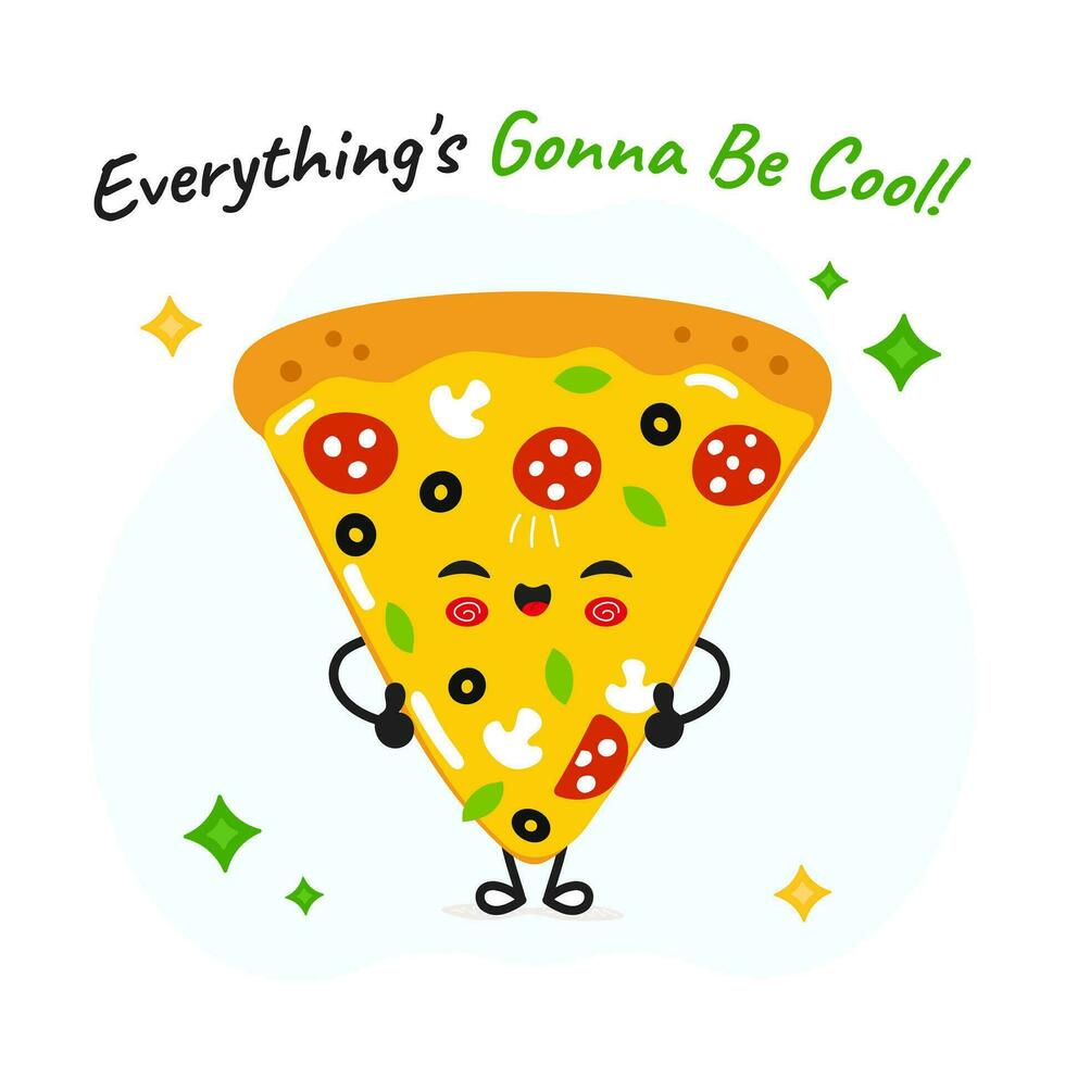 fetta di Pizza carattere. Ciao estate carta. vettore mano disegnato cartone animato kawaii personaggio illustrazione icona. isolato su bianca sfondo fetta di Pizza frutta personaggio concetto