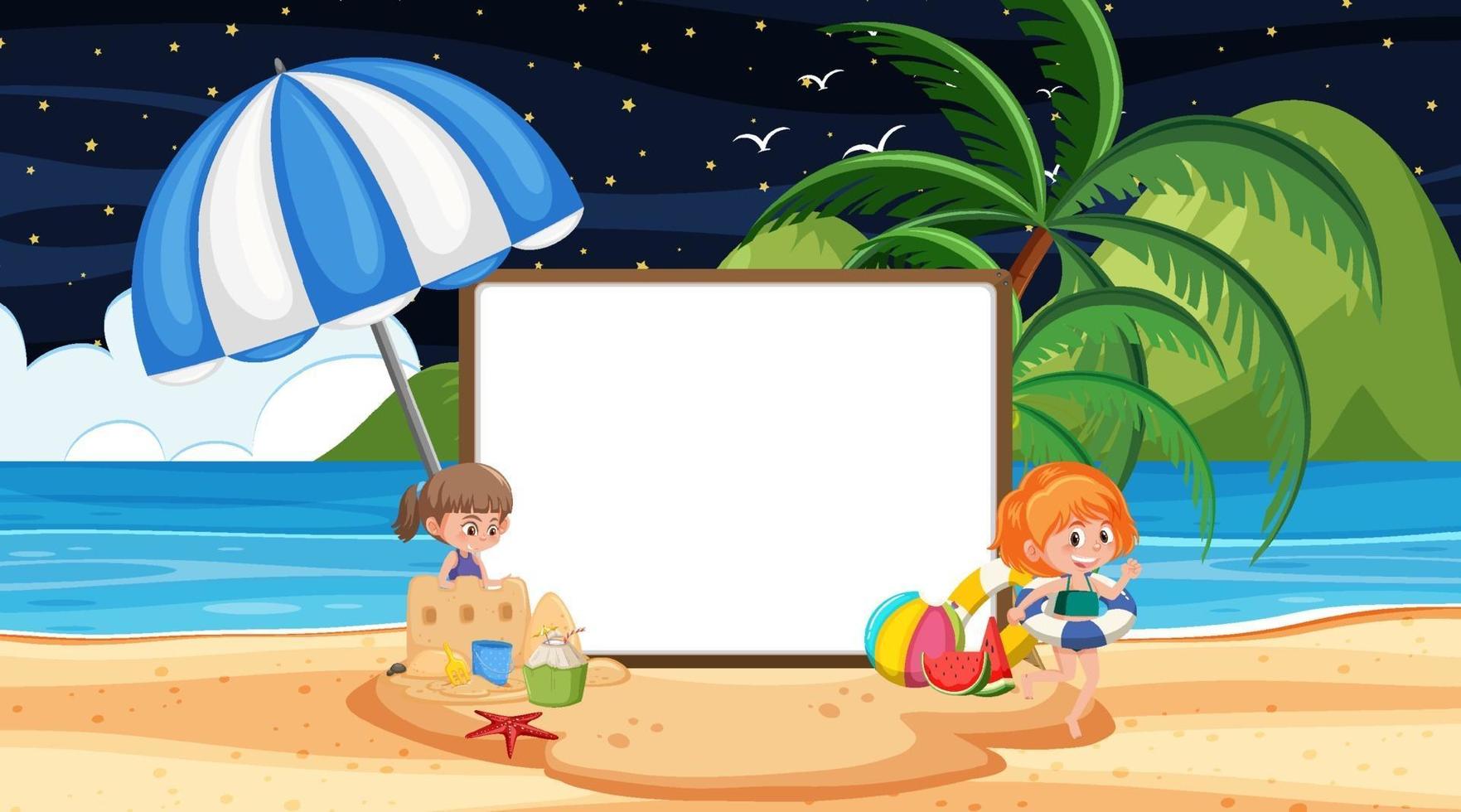 bambini in vacanza in spiaggia scena notturna con uno striscione vuoto empty vettore