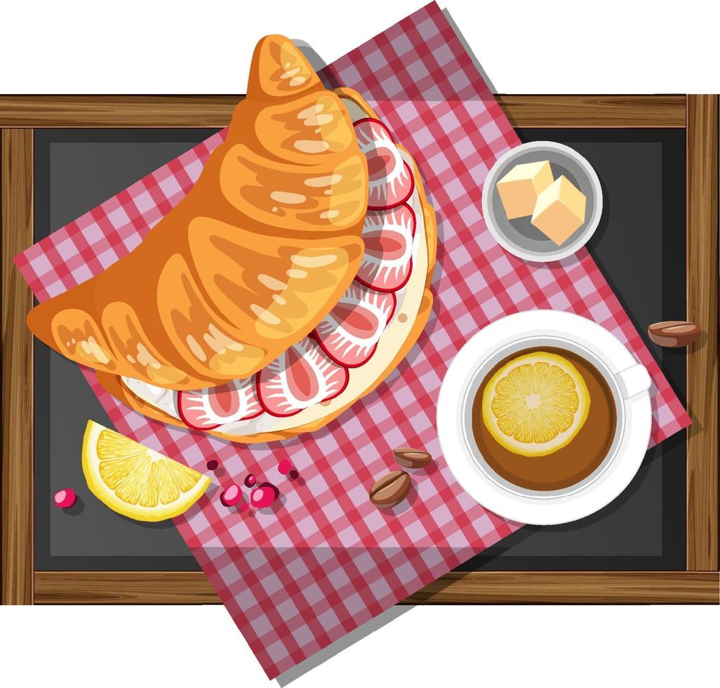 panino con croissant per la colazione con una tazza di tè al limone su un piatto di legno vettore