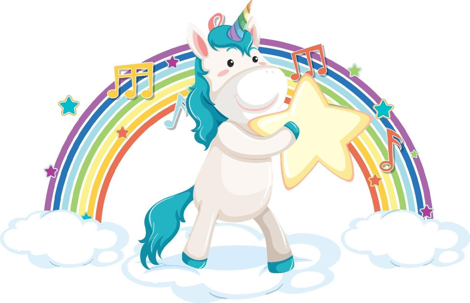 unicorno in piedi su nuvola con simbolo arcobaleno e melodia vettore