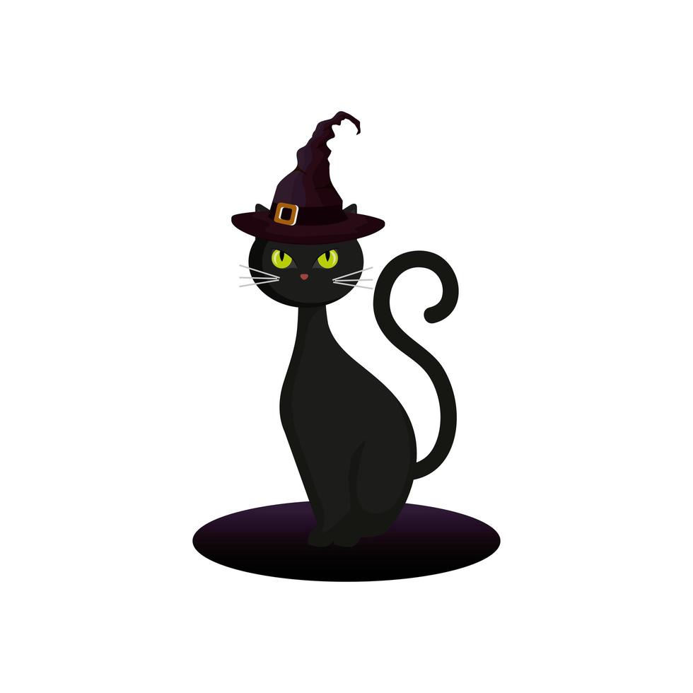 gatto felino halloween con cappello strega vettore