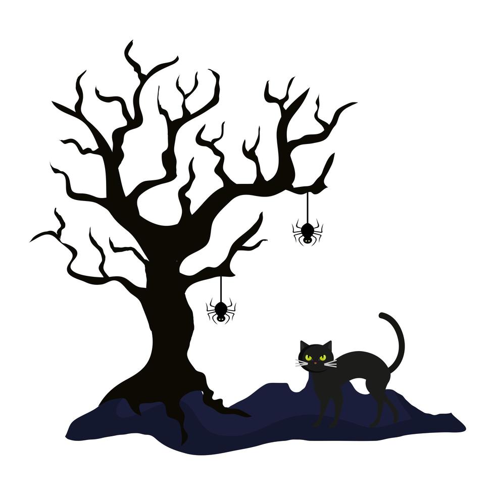 albero secco con gatto e ragno di halloween vettore