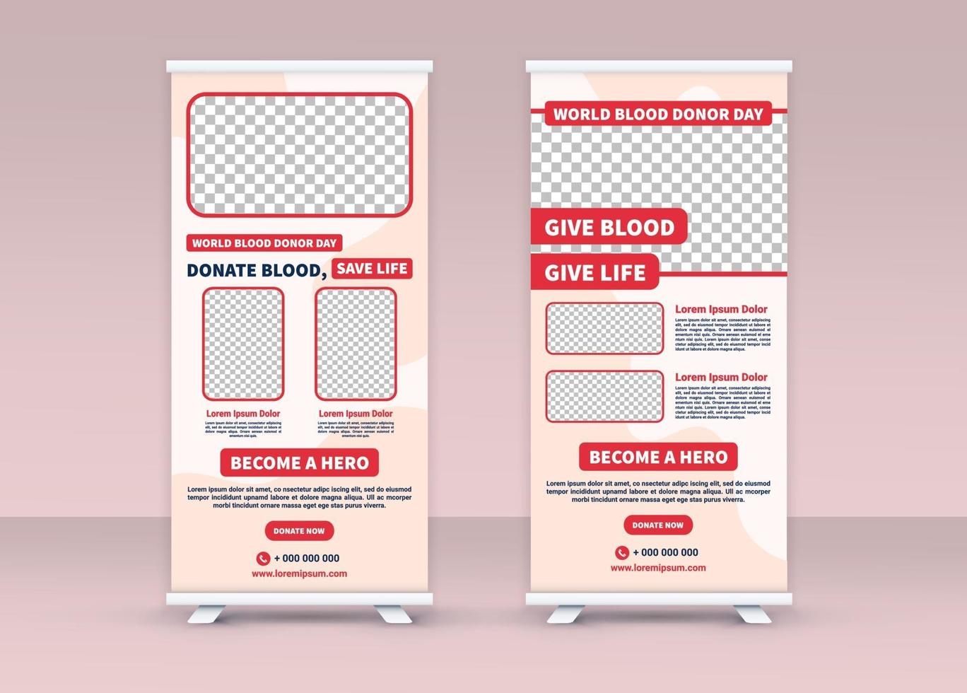 giornata mondiale del donatore di sangue. arrotolare banner. design del banner in piedi. vettore