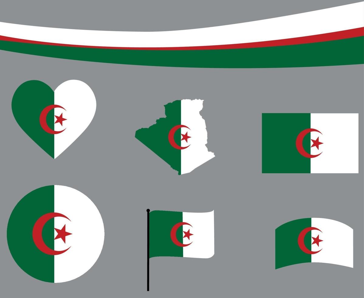 bandiera dell'algeria mappa nastro e icone del cuore illustrazione vettoriale abstract