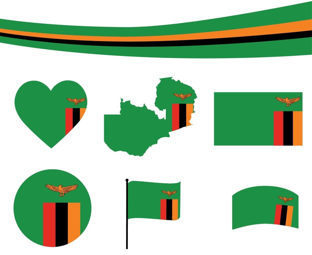 bandiera dello zambia mappa nastro e icone del cuore illustrazione vettoriale abstract