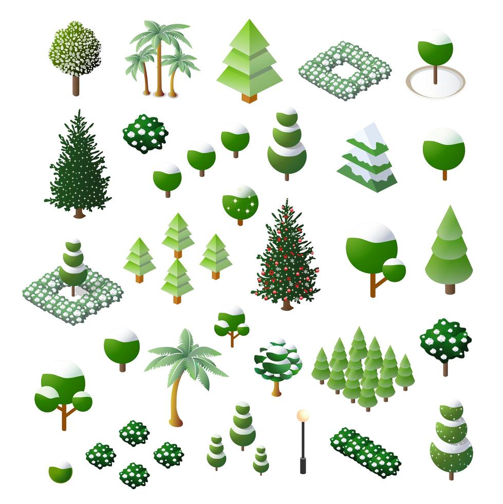 impostare alberi 3d isometrici foresta natura elementi sfondo bianco vettore