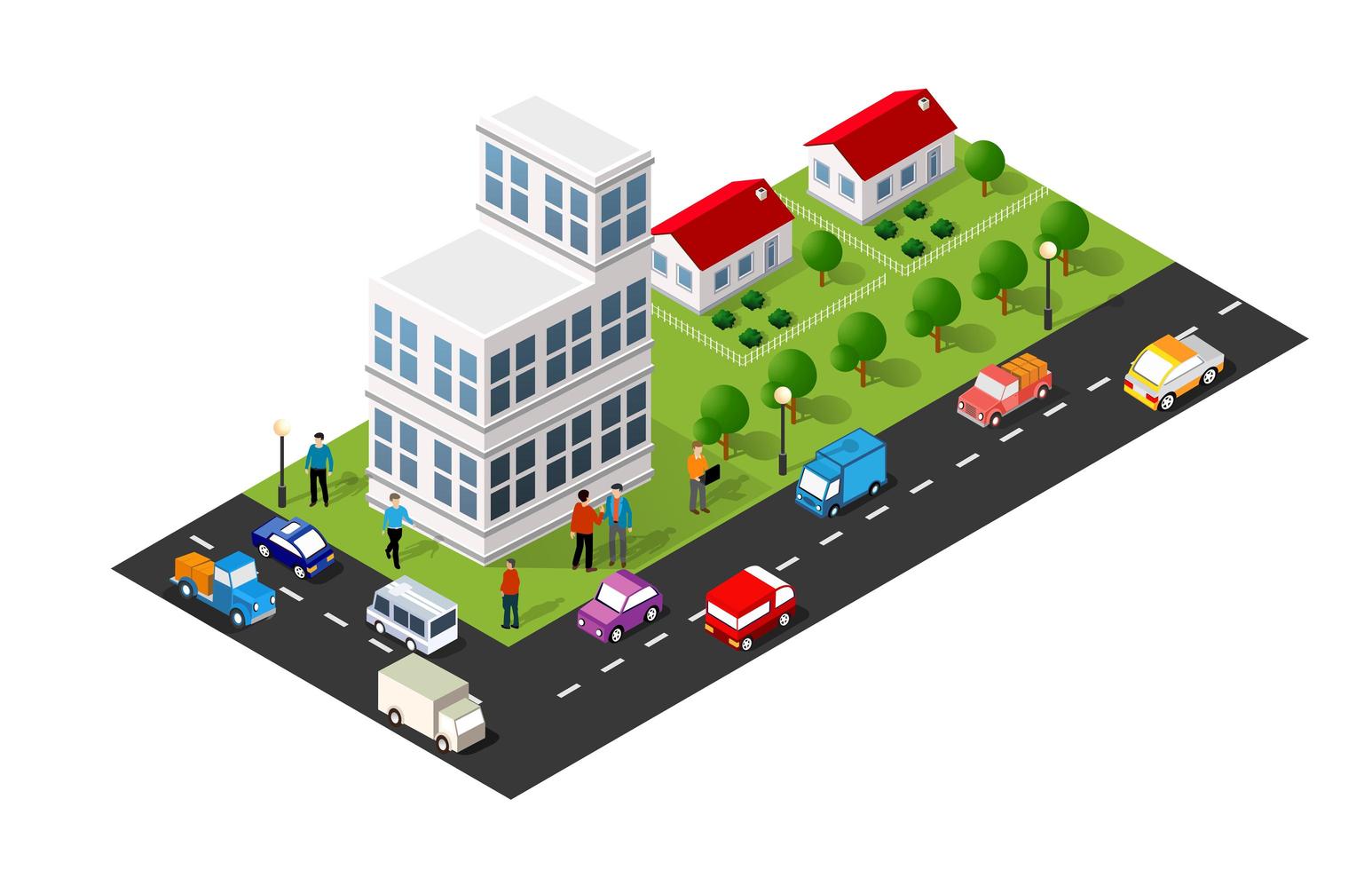 illustrazione 3d isometrica del quartiere della città con le case vettore