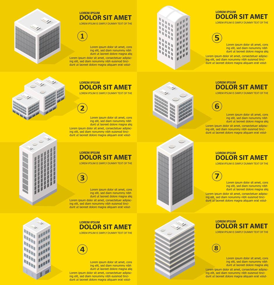 infografica della città in isometrica con grattacieli, strade e alberi. vettore