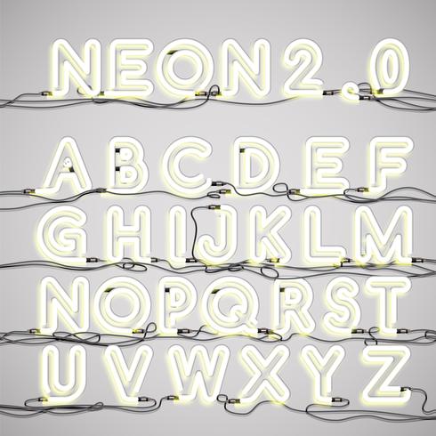 Alfabeto al neon realistico con fili, illustrazione vettoriale