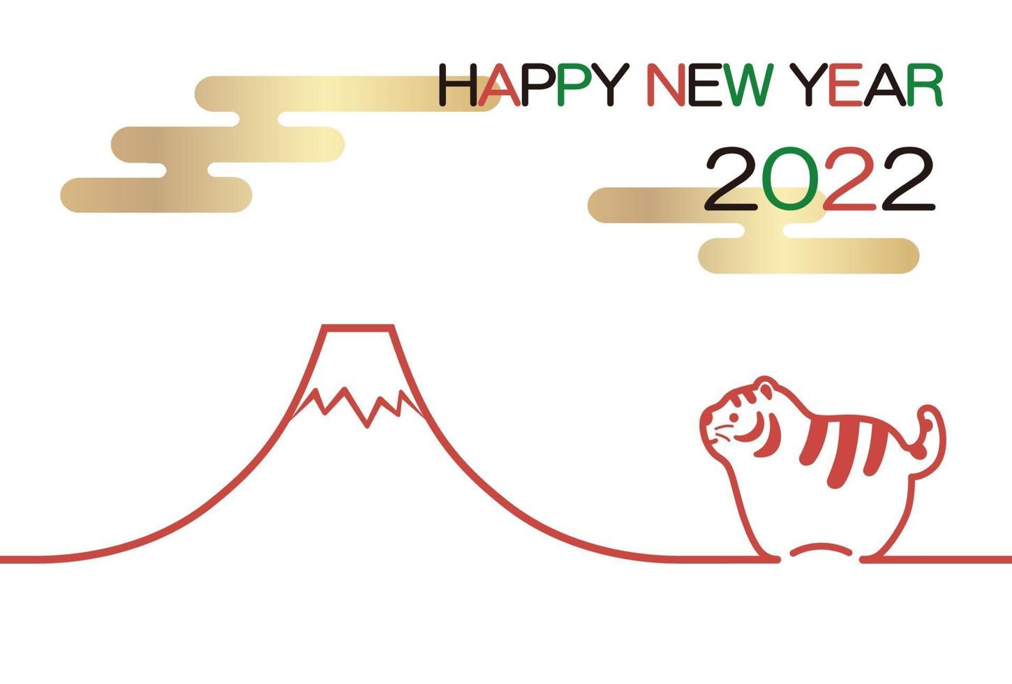 2022, anno della tigre, biglietto di auguri con tigre e mt. fuji. vettore