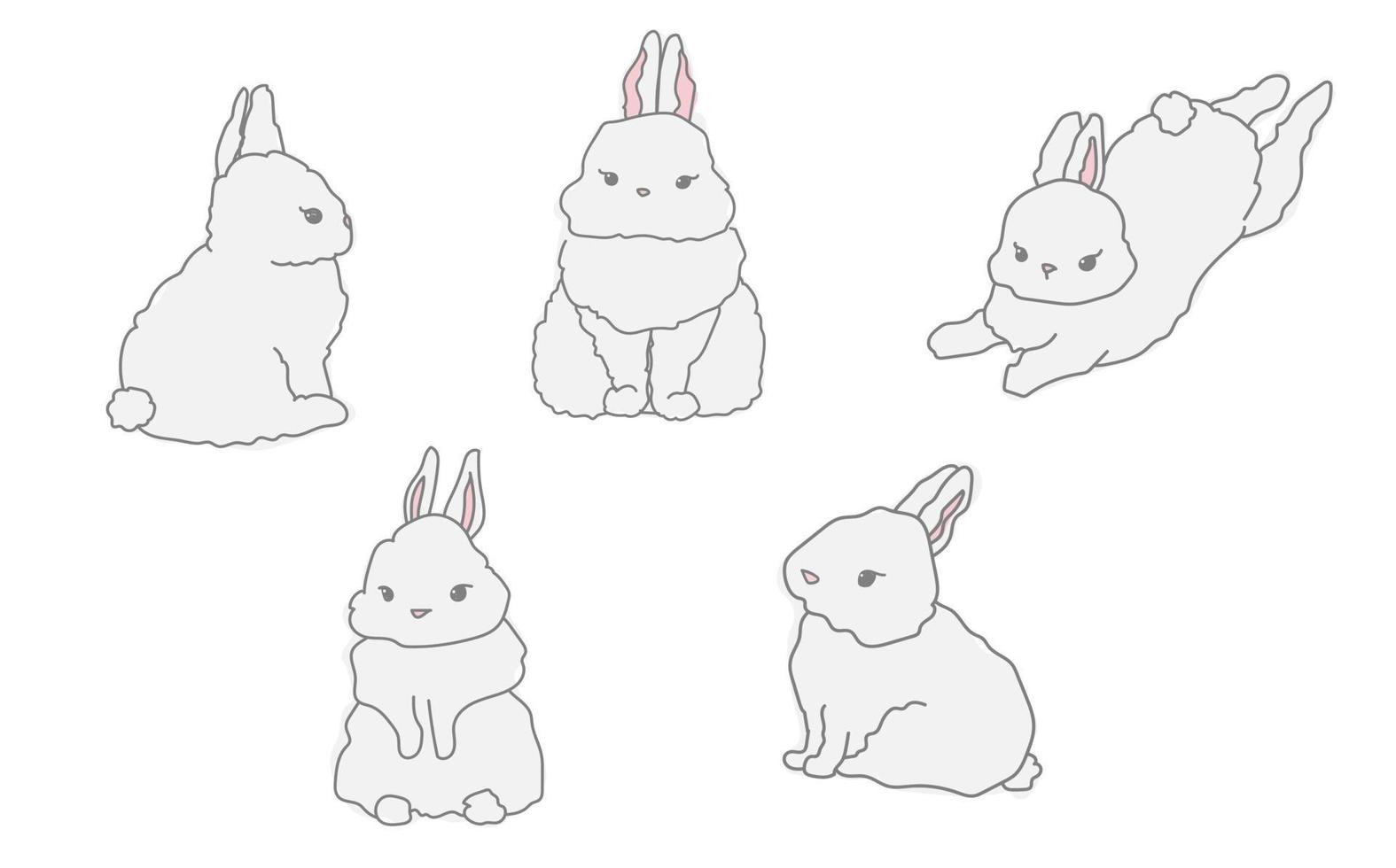 simpatico baby coniglio bianco linea isolata doodle collezione di illustrazioni vettore